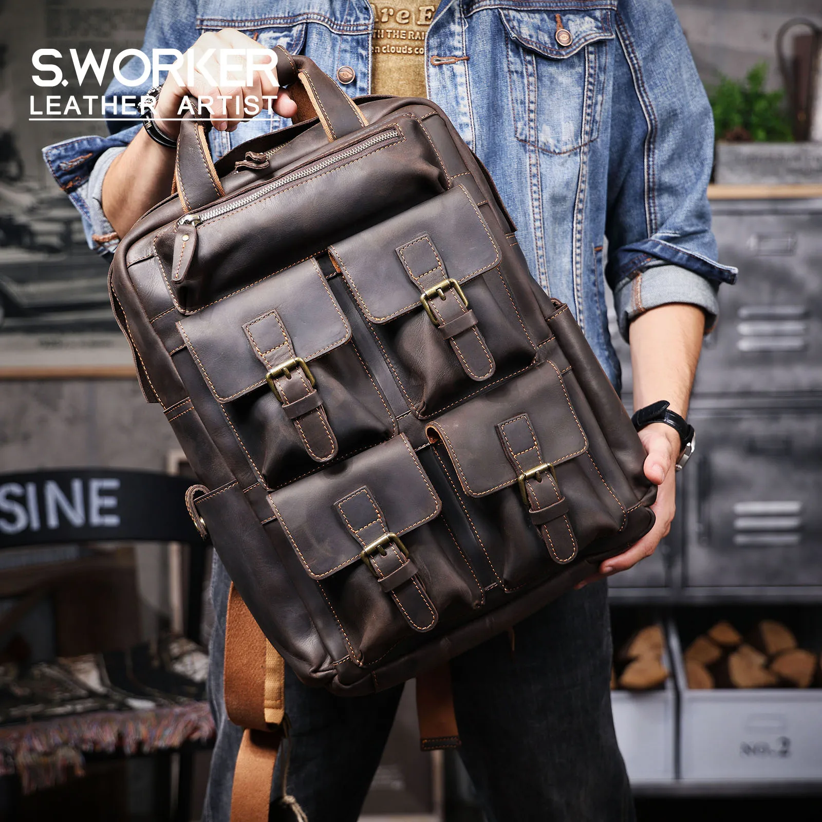 S.WORKER Vintage Echtleder-Rucksack 16 Zoll Laptop-Tasche Lässige Crazy-Horse-Leder Schultasche Outdoor-Reise-Weekender-Tasche – Detail 2