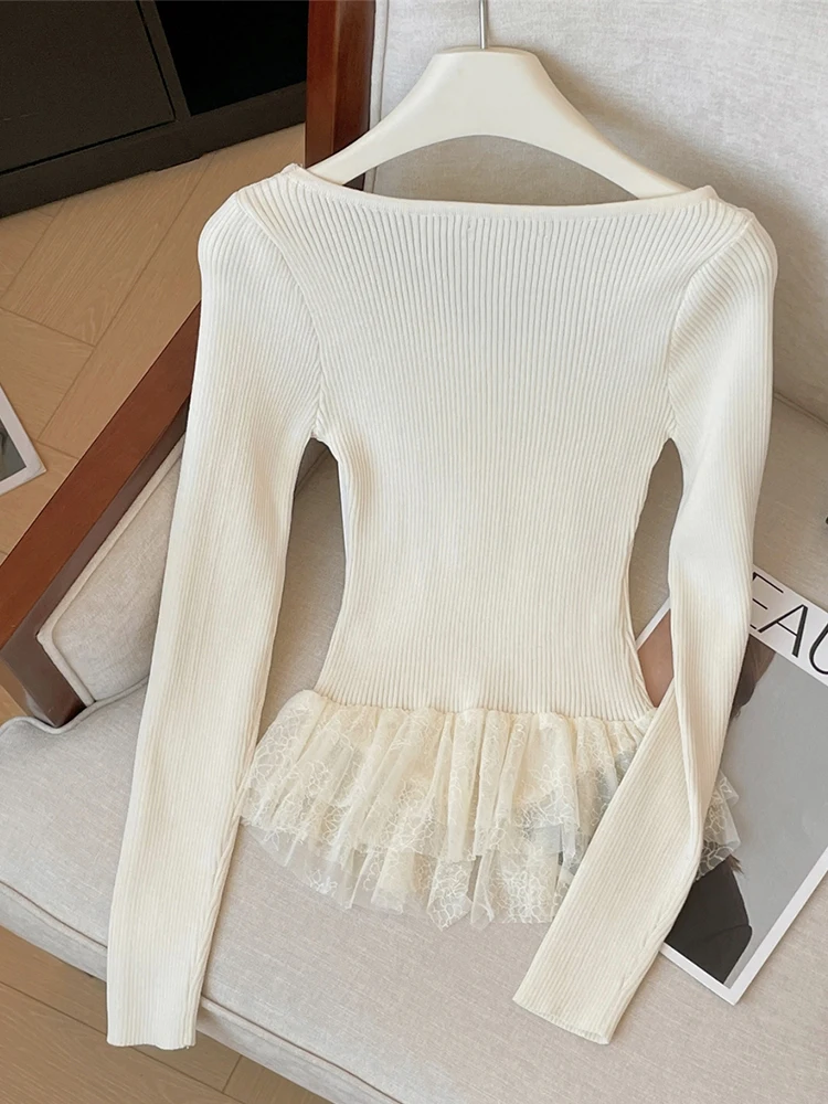 Autumn Winter Woman French Vintage Pullovers Sweater Lace Ballet Core Long Sleeve V-neck Knitwears Aesthetic Coquette Old Money