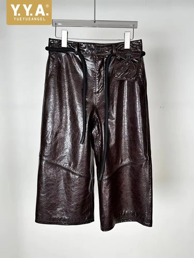 Retro Female Office Oil Wax Genuine Leather Casual Wide Leg Trousers Loose Fit Versatile Fashion Lady Straight Trousers Pants