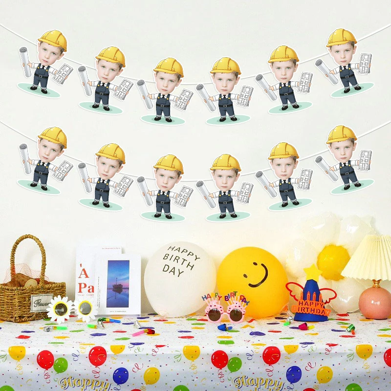 6/12pcs Custom Face Banner Engineer Personalized Construction Garland Customized Pendant Birthday Party Supplies