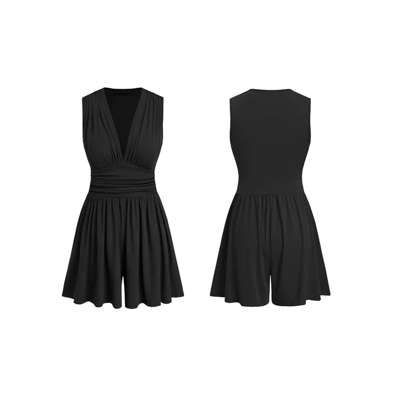 MACH-Damen-Overall mit tiefem V-Ausschnitt und Falten, sexy, tiefem Ausschnitt, Konzert-Mini-Outfit