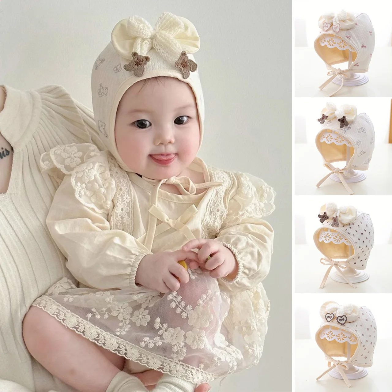 

Sweet Bow Baby Ear Protection Cap Princess Girl Lace Up Headgear Bonnet 3-12Month Newborn Fetal Hat Spring Autumn Kids Beanie