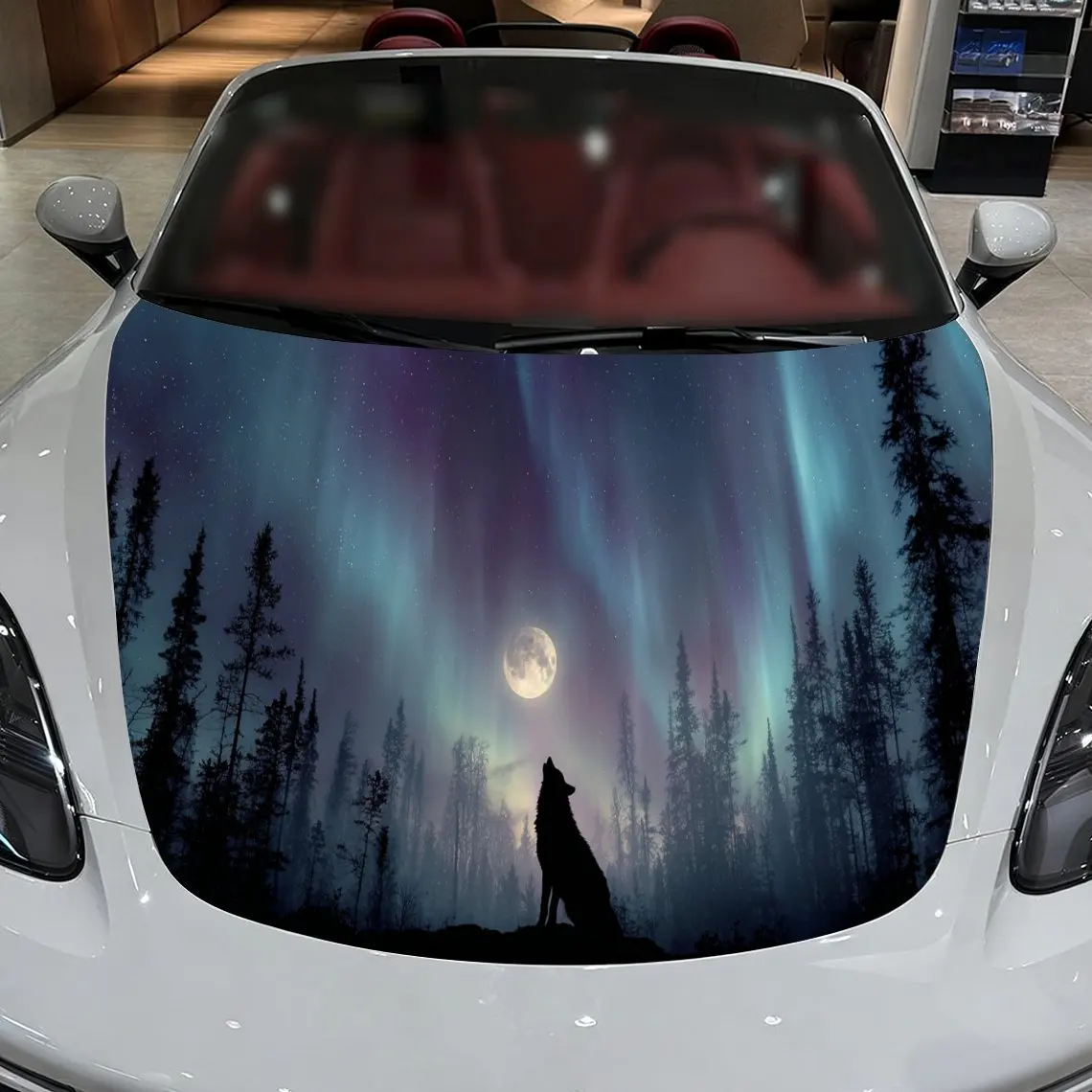 Autocollants de voiture un loup sous l'aurore boréale fascinante dans le paysage arctique avec des arbres silhouettés et l'autocollant de capot de voiture à lueur lunaire,