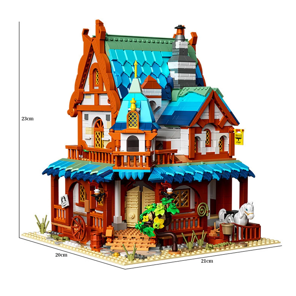 

Creative Street View Architecture Medieval Vintage Post Station House Mini Block Streetscape Model Building Brick Figures Toys