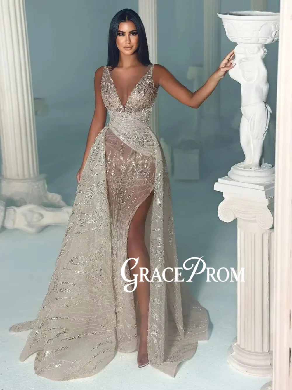 

Sexy Illusion Evening Dress Sparkly Sequins Beads Evening Dress 2025 Customzied Luxury Mermaid Long Prom Gown Robe De Mariée