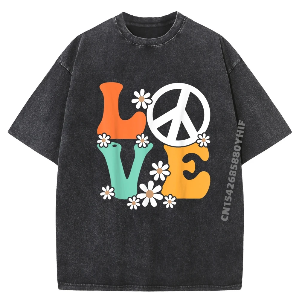 

Peace Sign Love 60s 70s Costume Groovy Hippie Theme Party Cotton Graphic Tees Mens Retro Washed Tshirts Illustration