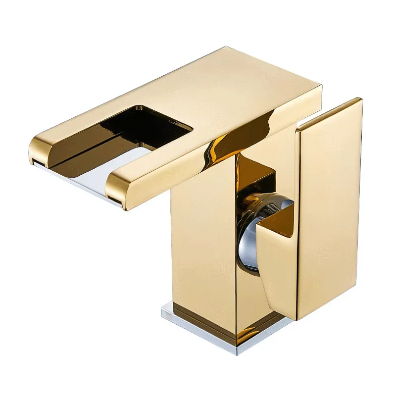 

Bathroom Bathroom Cabinet Hand Wash Basin Waterfall Hot and Cold LED Temperature Changing Luminous Single Hole Golden Faucet