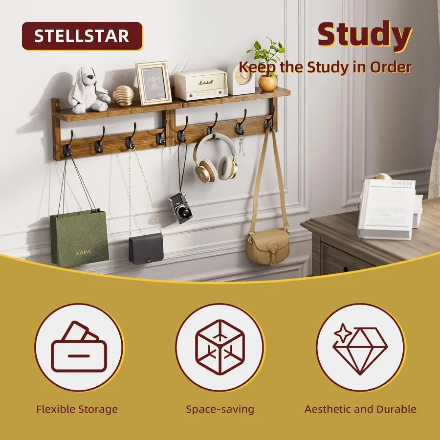 رف معطف مثبت على الحائط مع رف لتخزين المدخل، مجموعة من رفين معلقين من الخيزران مع خطافات لديكور المدخل، مثالية لـ Org #5