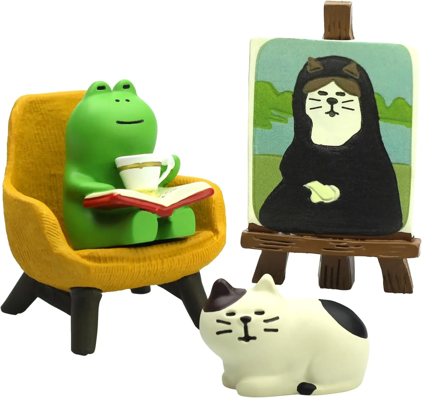 Cute Frog Reading on Yellow Sofa Figurine with Cat Painting & Kitten Statue, Mini Resin Animal Set for Office Desk, Bookshelf De