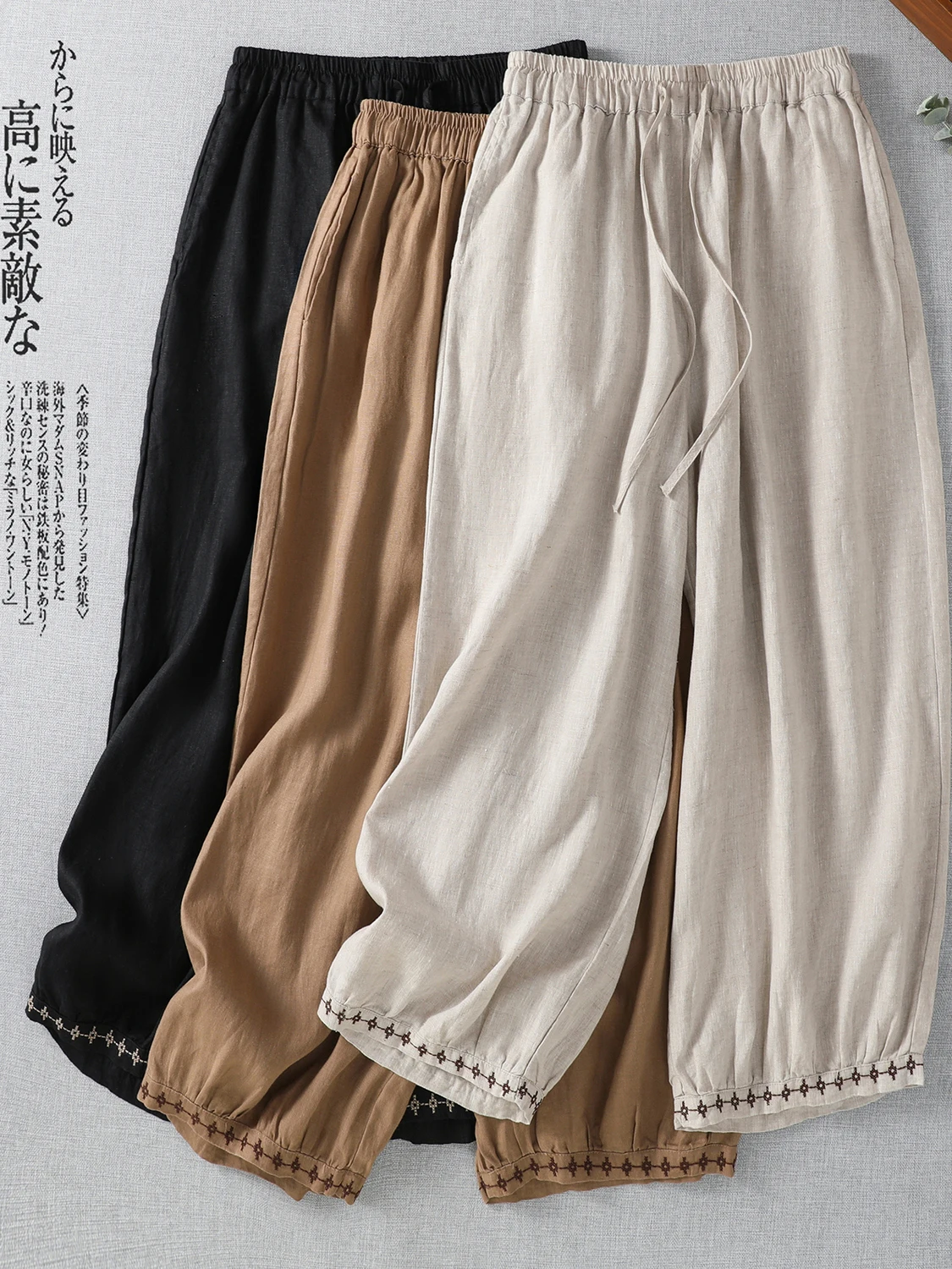 

Повседневные брюки-шаровары с вышивкой, свободный крой, эластичный пояс, шнур, утягивающий шнурок, длина из девяти предметов, летние женские большие размеры