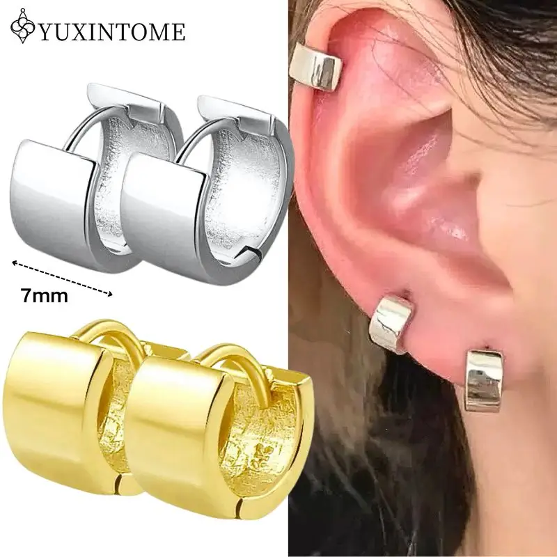 

YUXINTOME 925 Silver Needle Plain Wide-face Hoop Earrings For Couple Niche Simple Piercing Cartilage Earrings Fashion Jewelry