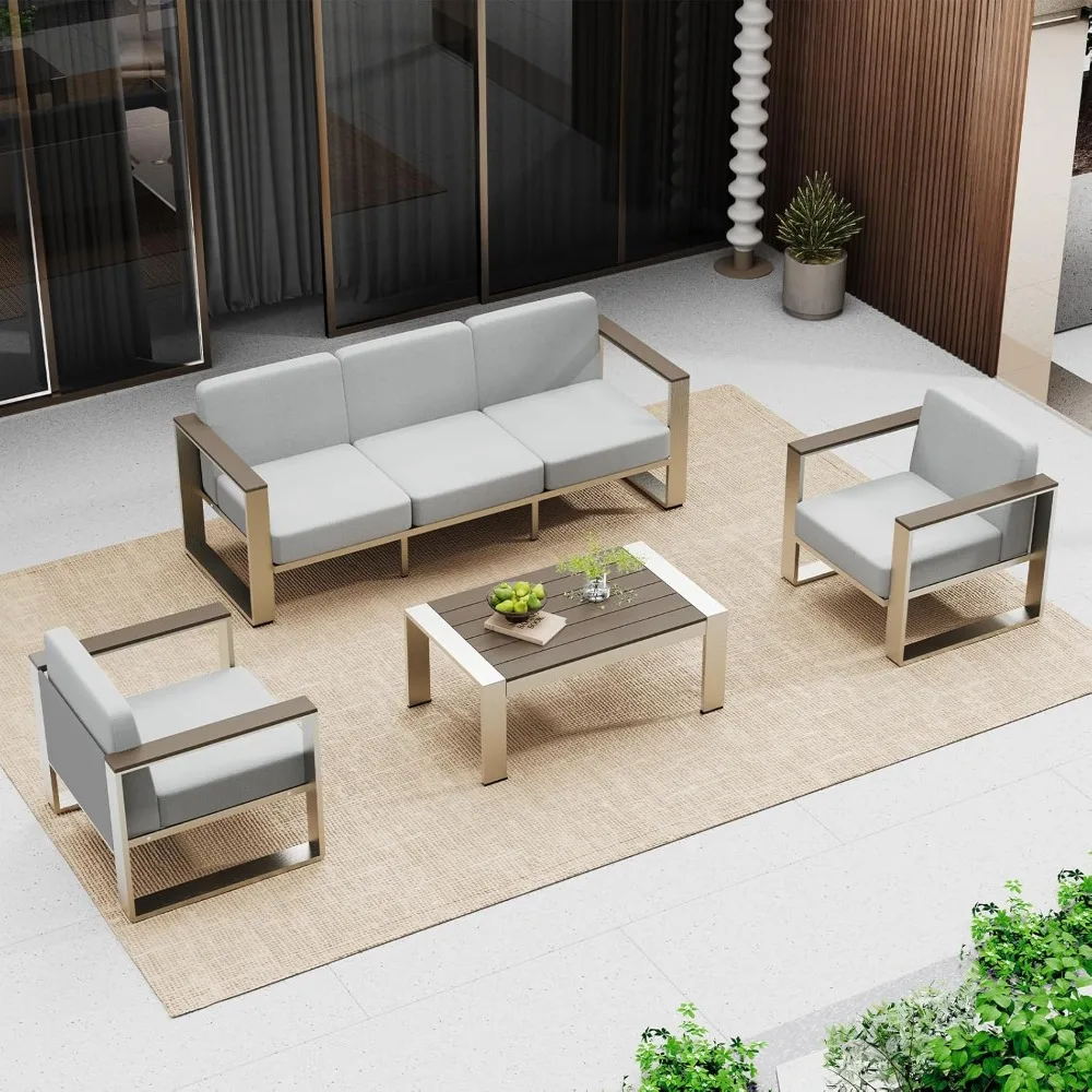 

Outdoor Furniture Set, 4 Piece Aluminum Patio Furniture Set with Coffee Table, Wide Seat and Thick Cushions, Outdoor Patio Conve