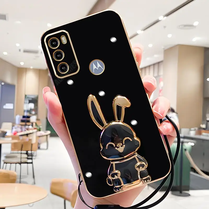 Motog60 Plating Rabbit Holder Silicone Case For Motorola Moto G60 G30 G50 G20 G10 G53 G52 G32 G13 G23 Lanyard Wrist Strap Cover