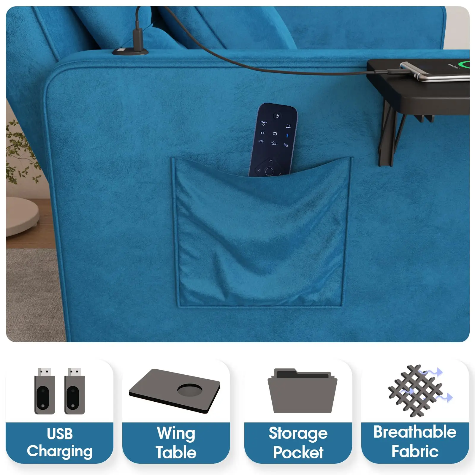 Vabches Velvet Chaise Lounge Chair with USB Ports & Two Pillows 3-in-1 Convertible Sofa Chair for Living Room Leisures Sofa Bed image 5