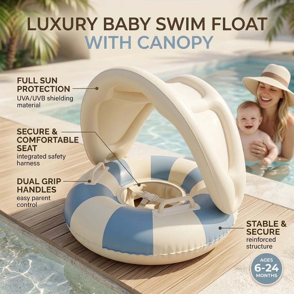 Pool Float Ring Inflatable - ห่วงยางว่ายน้ำแบบเป่าลมห่วงยางลอยน้ำสำหรับเด็กที่มีที่กันแดดออกแบบให้มีความเสถียรและกันพลิกมีด้ามจับเพื่อความปลอดภัยสองชั้นสำหรับสระว่ายน้ำ/ชายหาด