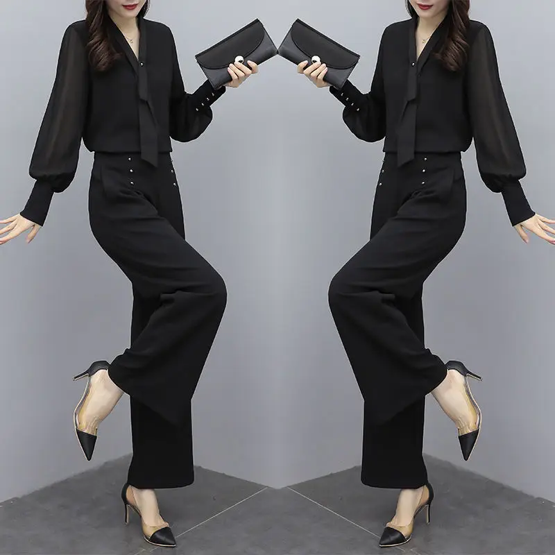 Tie Decoration Style Long Sleeve Chiffon Shirt Casual Wide Leg Pants Two Piece Set Elegant Women's Pants Set Office Outfits