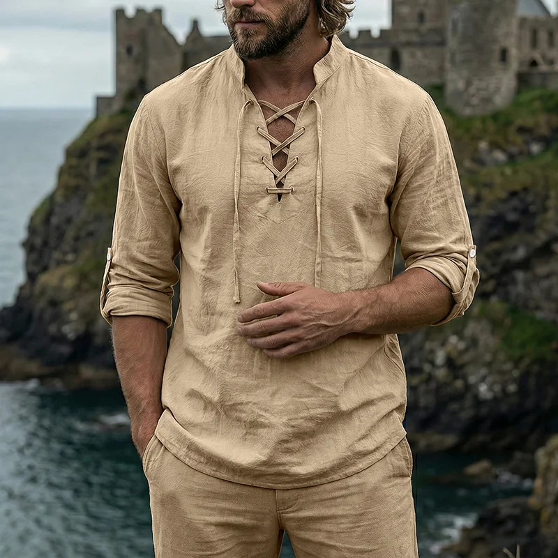 2026 Herren Vintage Mittelalterliches Leinenhemd mit Schnürung, Langarm, Henley-Ausschnitt, Locker Geschnitten, Piraten-Cosplay, Strand, Freizeit, Urlaub, Alltagshemd – Detail 7