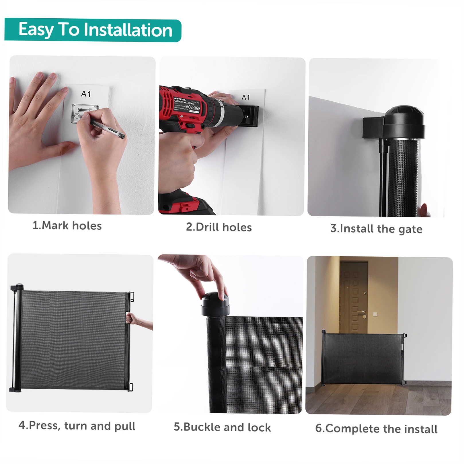 Portão de segurança retrátil para bebês, 34 polegadas de altura, estende até 61 polegadas de largura, interno e externo, barreira de segurança, cerca de malha para cães de estimação