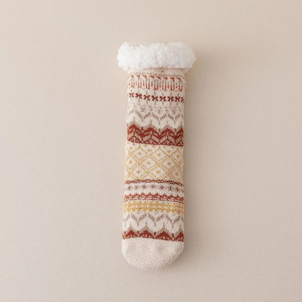 Chaussettes de sol Patchwork polaire chaussettes femmes mi Tube anti-dérapant épaissir velours chaussettes bonneterie Style ethnique hiver chaussettes de sol hiver