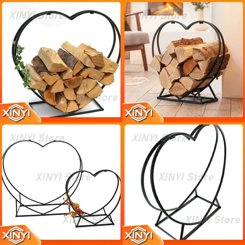 for Wrought Iron Firewood Rack Heart Shaped Log Holder Indoor Outdoor Fireplace Wood Storage Stand for Home Garden