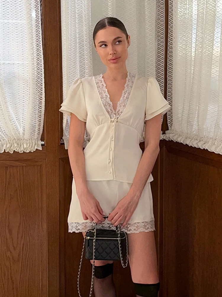 Women's Satin Lace 2-Piece Set: V-Neck Top and Mini Skirt