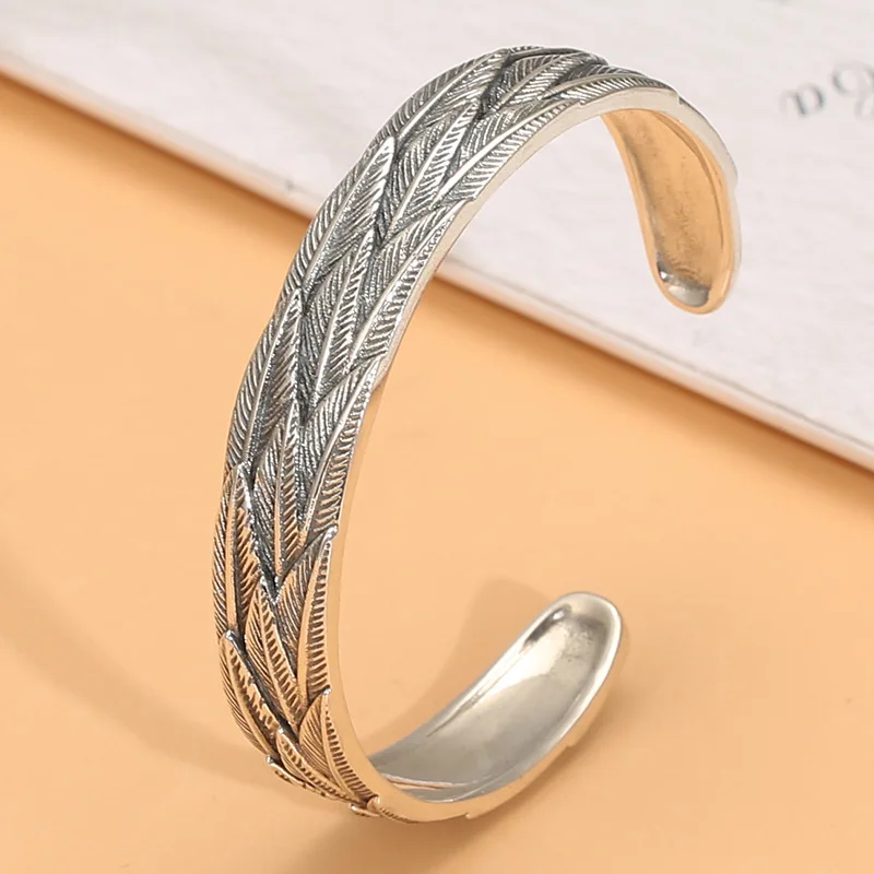 

S925 Thai silver retro ethnic style embossed feather open-ended bracelet niche maple leaf bracelet jewelry tide