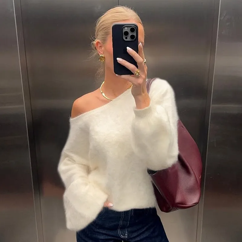 

Women Solid Fluffy Knitted Pullovers Sweaters Fashion Sexy Off Shoulder Lantern Long Sleeve Loose Casual Jumpers Streetwear Tops