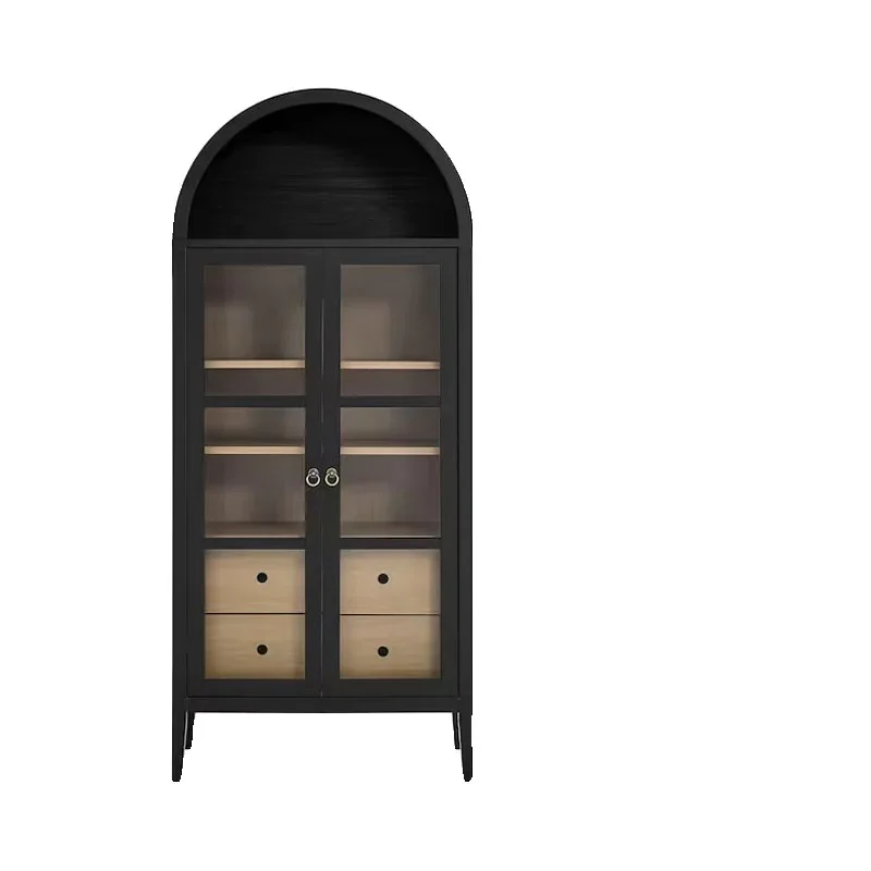 

Solid wood French retro arched ultra-thin locker medieval side cabinet black glass Nanyang American style