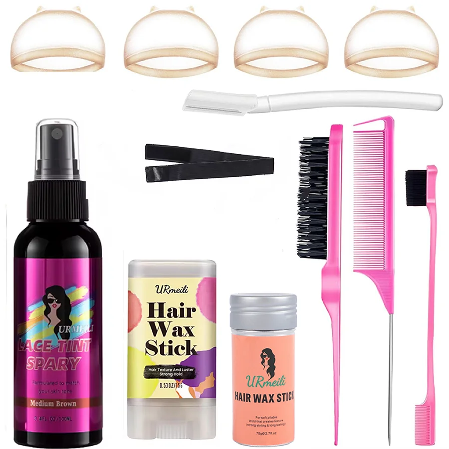 Wig Installation Kit Lace Tint Spray Hair Wax Stick Set Lace Front Wig Tools With Wig Caps Edge Control Styling Comb Brush