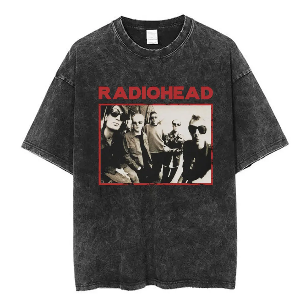 Radiohead Rock Band OK Computer Vintage Washed T-shirt Men Women Fashion Hip Hop T Shirts 100% Cotton Casual T-shirts Streetwear