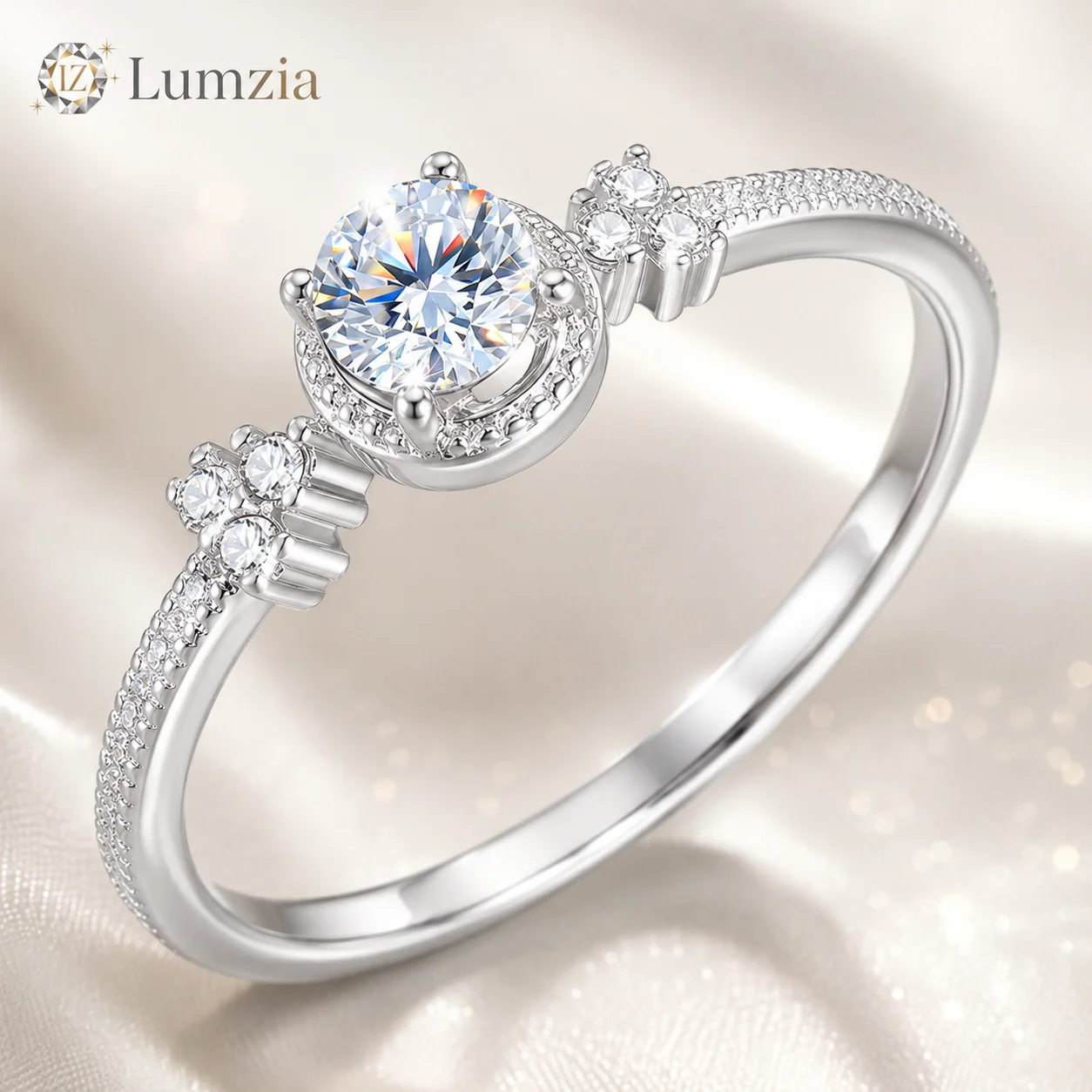 Moissanite Ring Three Stones S925 Sterling Silver Pave Side Stone Ring Jewelry Gift for Women GRA Certified Moissanite