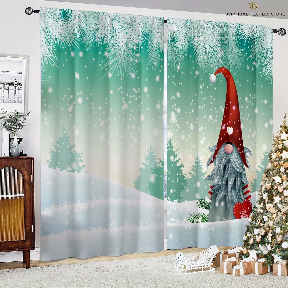 Cartoon Print Window Curtains, Christmas Tree Socks, Decorative Curtains, Bedroom, Restaurant, Holiday Party, 2 Pieces