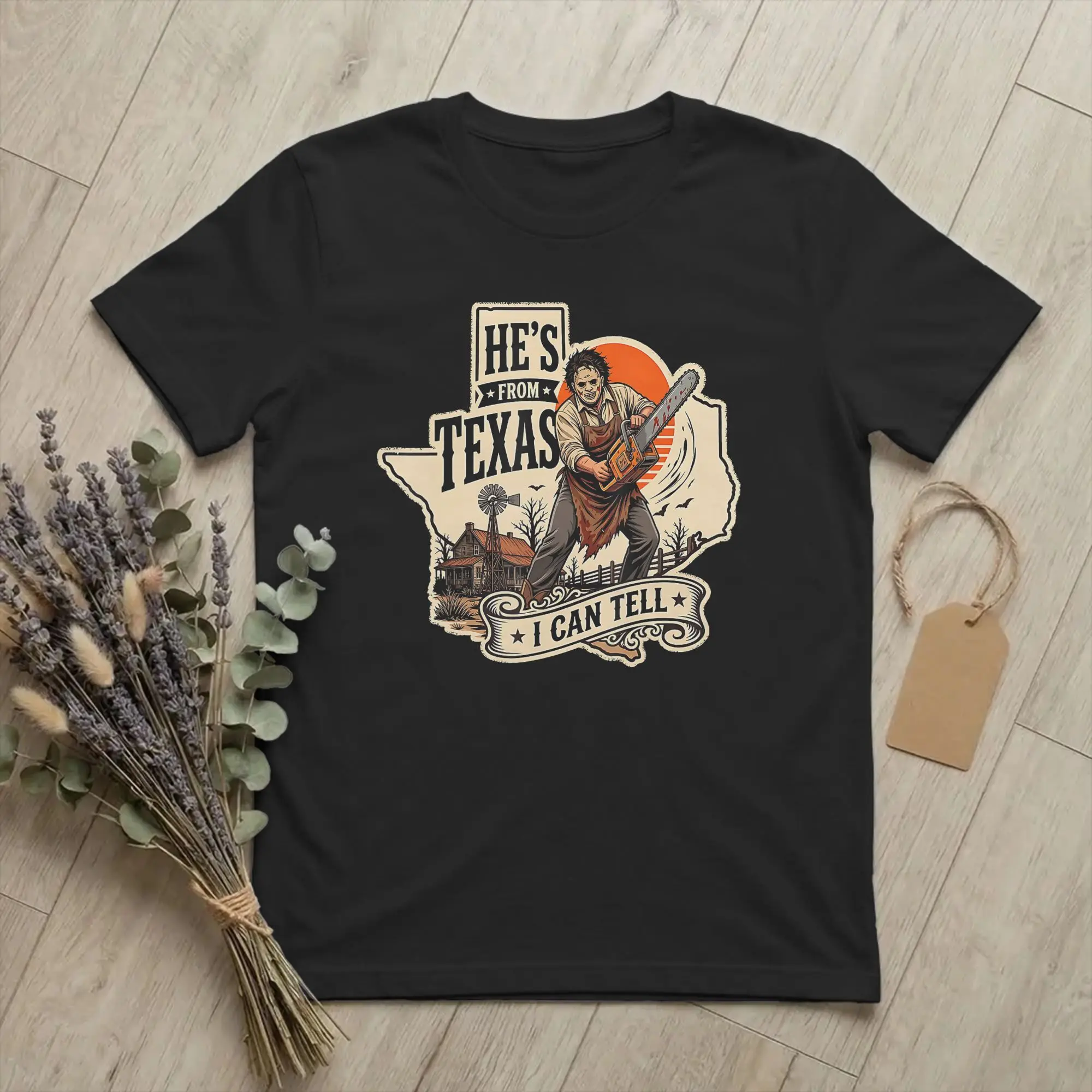 Hipster Hes from Texas I Can Tell Chainsaw T-Shirt for Men 100% Cotton T Shirts Horror Halloween Short Sleeve Tee Gift merch