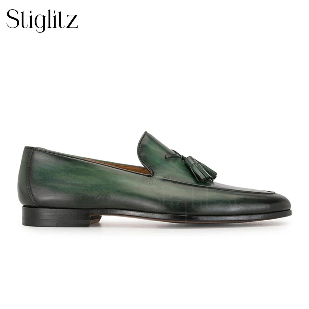 Hand Painted Tasseled Leather Loafers Elegant Dress Shoes for Men Designer Style Luxury Handmade Shoes Dark Blue Emerald Green