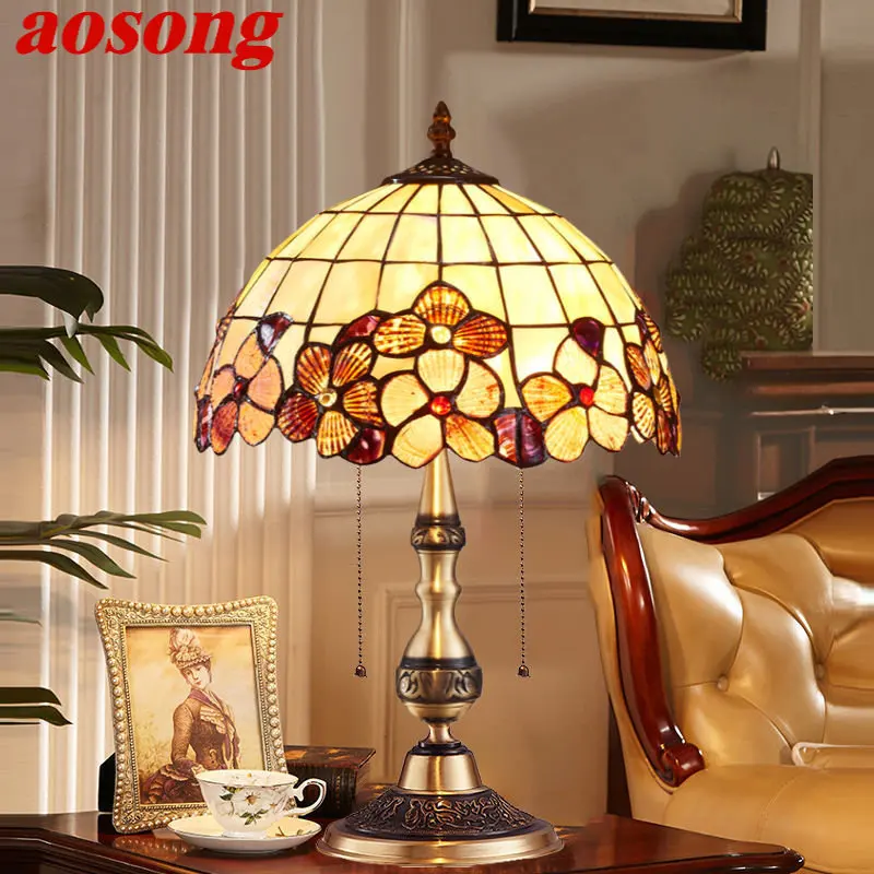 

AOSONG Modern Brass Tiffany Table Lamp LED European Retro Luxury Creative Shell Desk Light for Home Living Room Bedroom