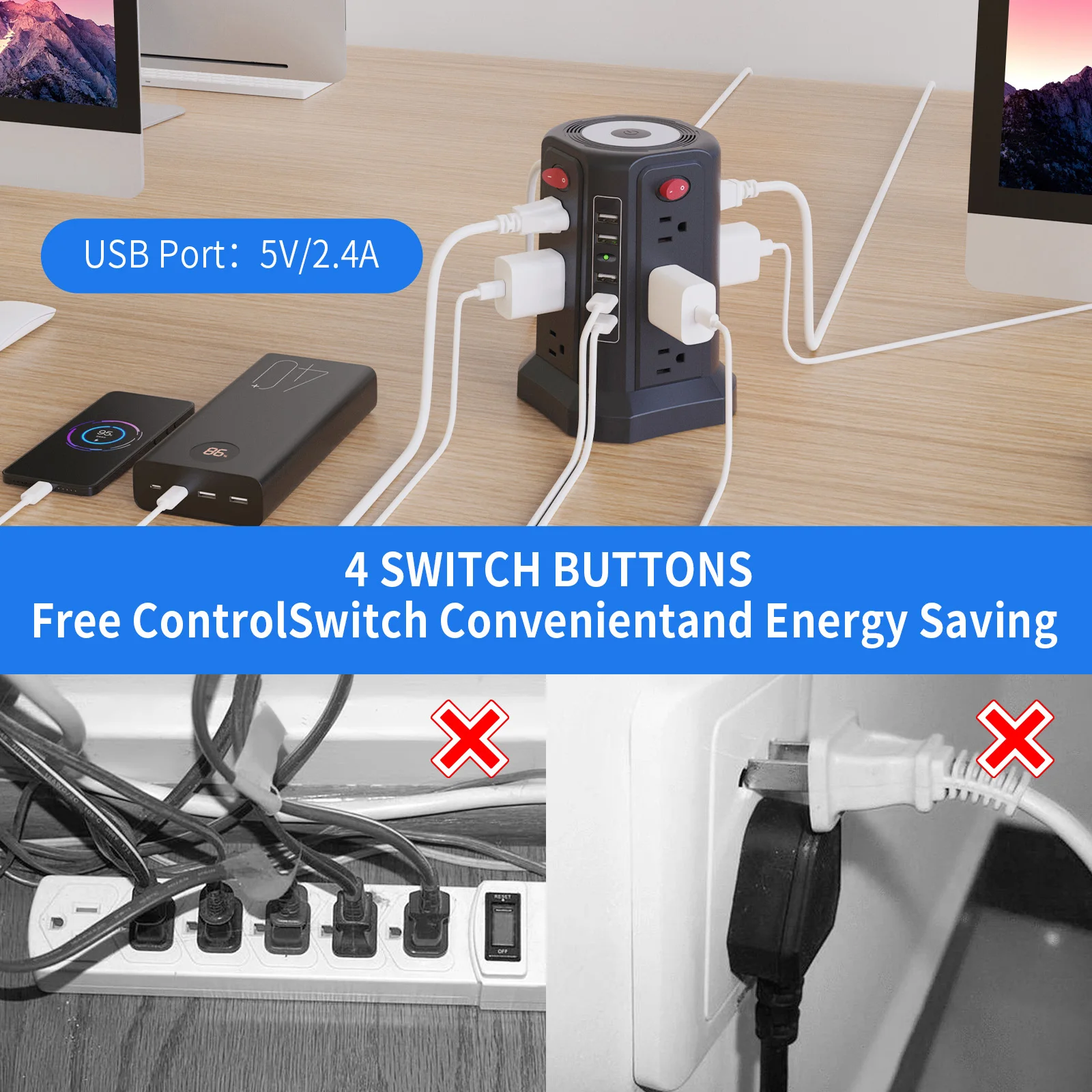 Verticale Aansluiting Met 12 Stopcontacten 5 Usb-Poorten En Nachtlampje 5,9 Ft Verlengsnoer Met Meerdere Stopcontacten Ons Stekker Stekker Strip Toren