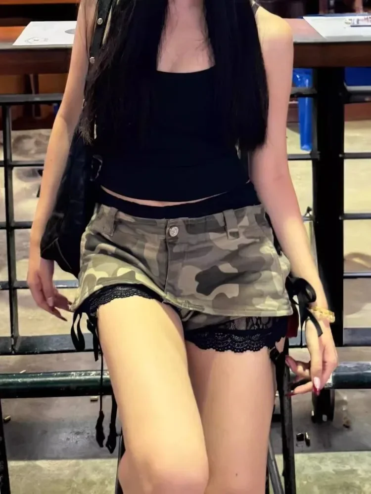 American Vintage Camouflage A-line Short Skirts Sexy Slim Waist Lace Up Skirt for Women 2025 Summer New Bodycon Faldas Mujer