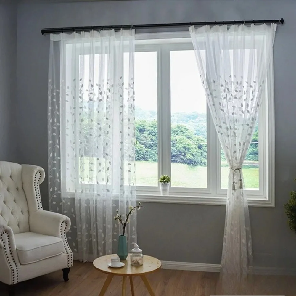 Embroidery Leaves Sheer Tulle Curtains for Living Room Kitchen Window Voile Bedroom Children Door Nature Inspired Drapes Sheer