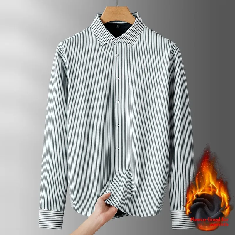 

Men's plus Size Fleece Lined Thick Long Sleeve Striped Casual Shirt Warm Luxury Business Leisure Fashion Urban Style Winter S...