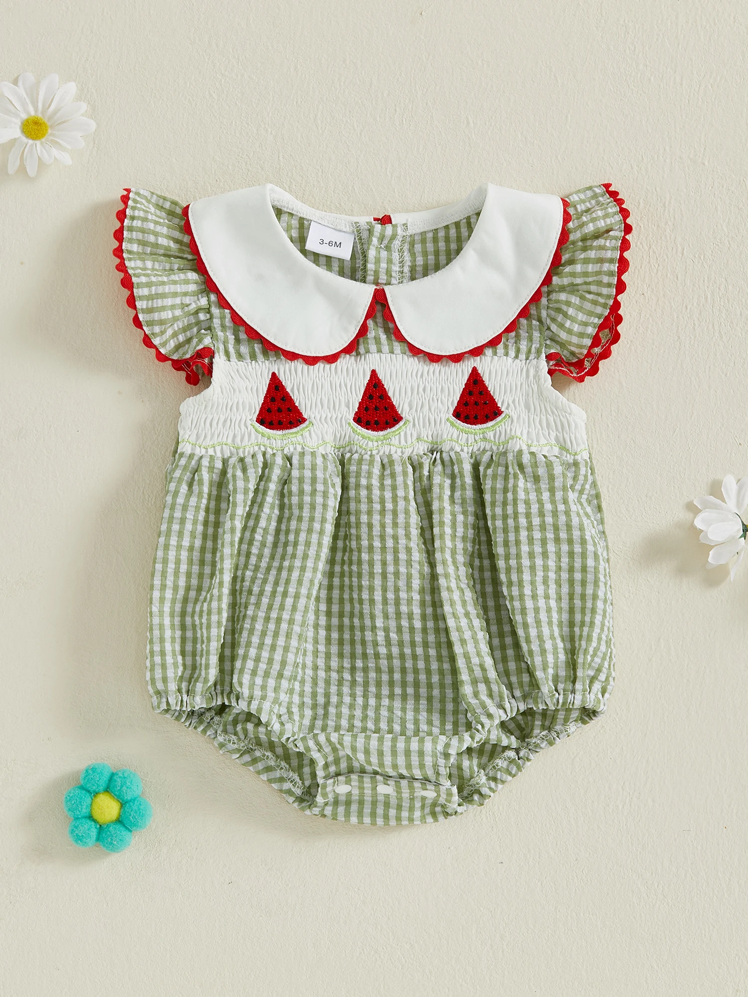 

Toddler Girl Pink Gingham Romper with Flutter Sleeves and Sweet Watermelon Embroidery Adorable Bubble Playsuit for Summer Fun