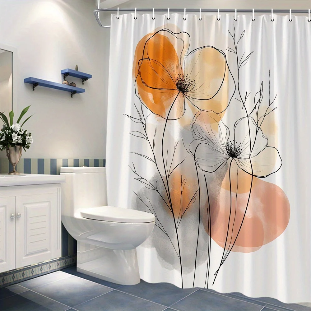 

1 шт. минималистичная занавеска для душа с цветочным принтом и ветками — теплые тона, полиэстер, современный декор для ванной комнаты