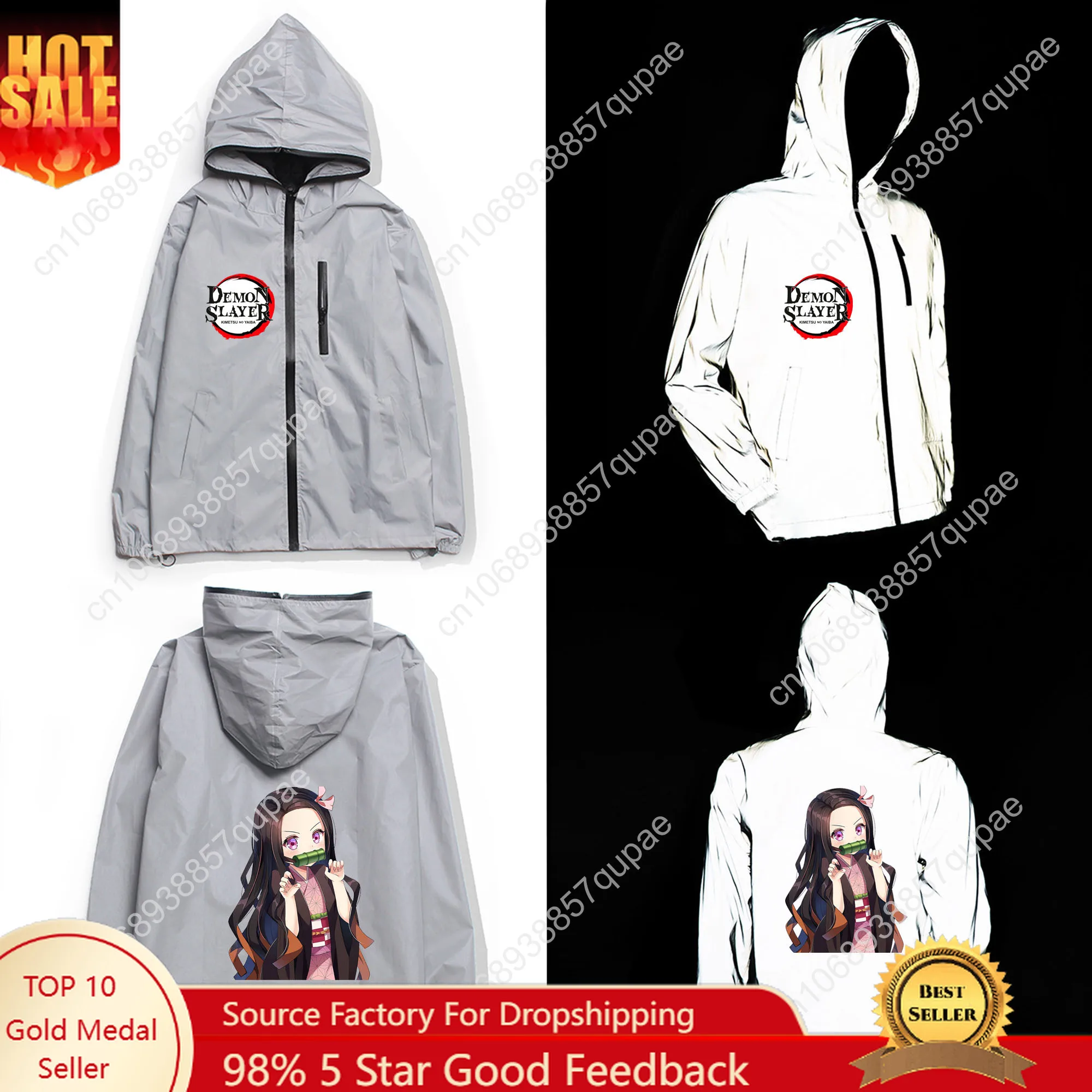 

Anime Demon Slayer Reflective Jacket Tanjiro Nezuko Mens Womens Coat Hooded Windbreaker Pocket Jackets Cycling Customized Hoodie