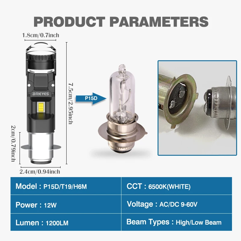 1 قطعة التيار المتناوب/تيار مستمر 9-60 فولت P15D H6M دراجة نارية جهاز عرض LED صغير المصباح لمبة 12 واط بدون مروحة 6500 كيلو عالية/منخفضة شعاع لياماها رابتور UTV ATVs