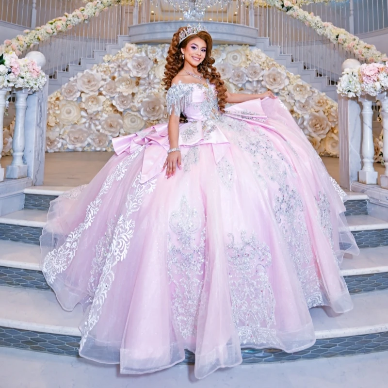 

Pink Shiny Quinceanera Dresses Off The Shoulder Applique Lace Beading Tull Corset Party Birthday Sweet 16 Dress Vestidos 15 De
