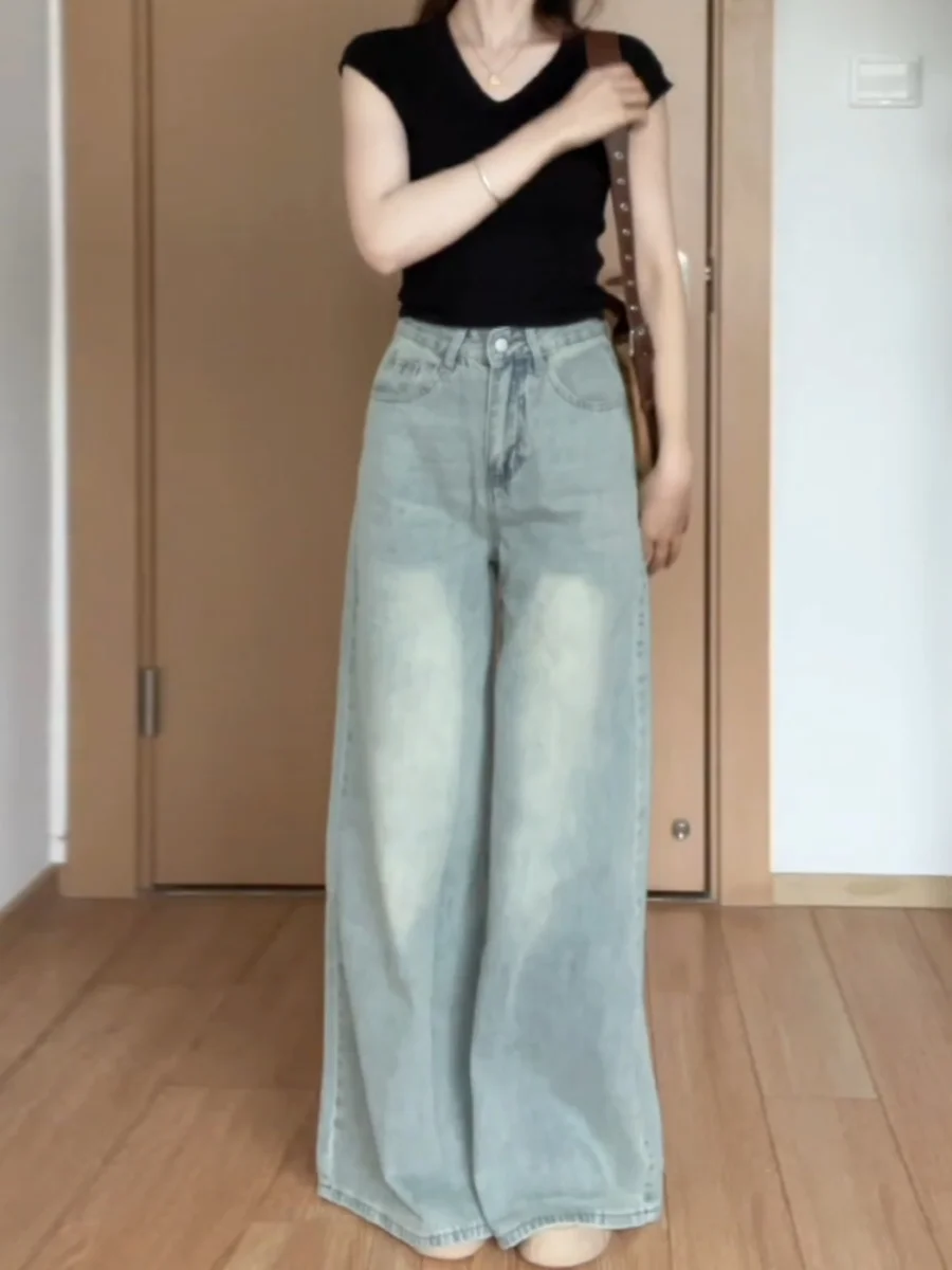 

Retro High Waist Wide Leg Jeans Skirt Loose Slimming Summer Straight Cut Pants for Women Light Blue High Waist Flared Jeans