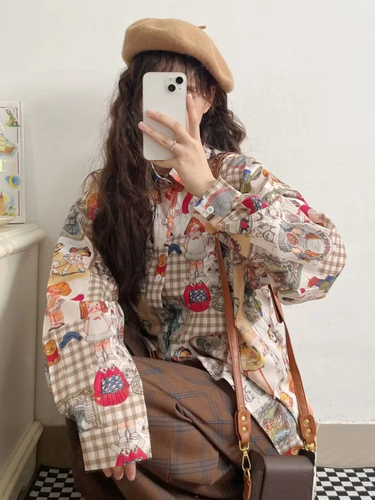 Vintage Kawaii Cartoon Printing Grunge Shirts Women Single Breasted Oversized Blouses Japanese Casual Harajuku Blusas Outerwear