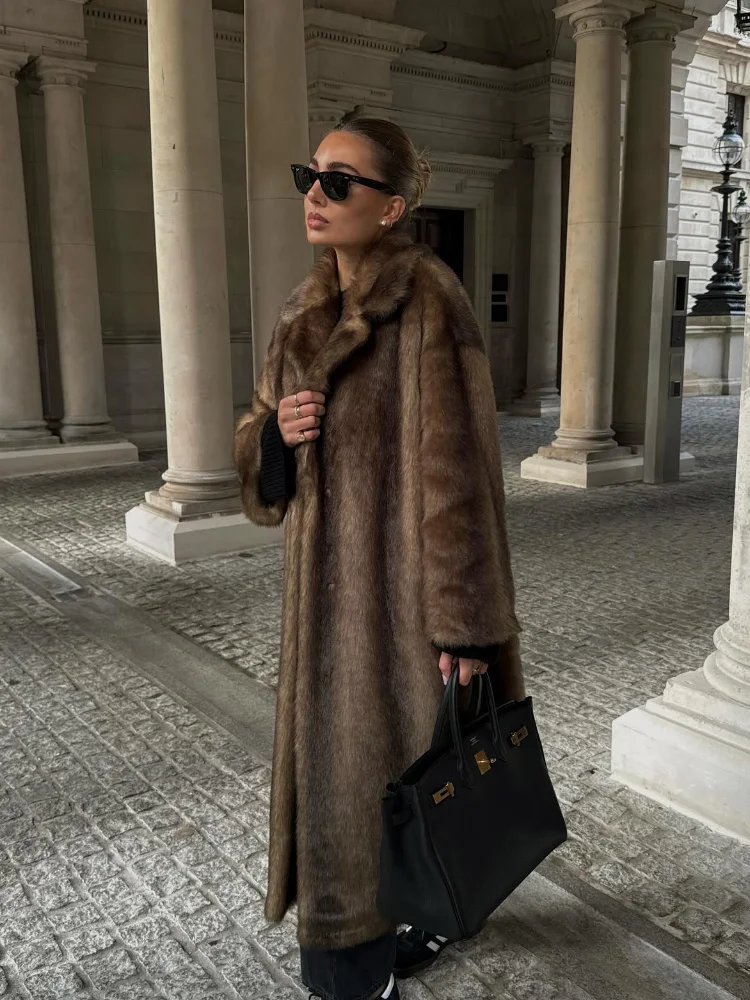 Women Fashion Soft Fluffy Solid Faux Fur Long Coats Elegant Lapel Single Breasted Thick Overcoat Autumn Winter Warm Outwears