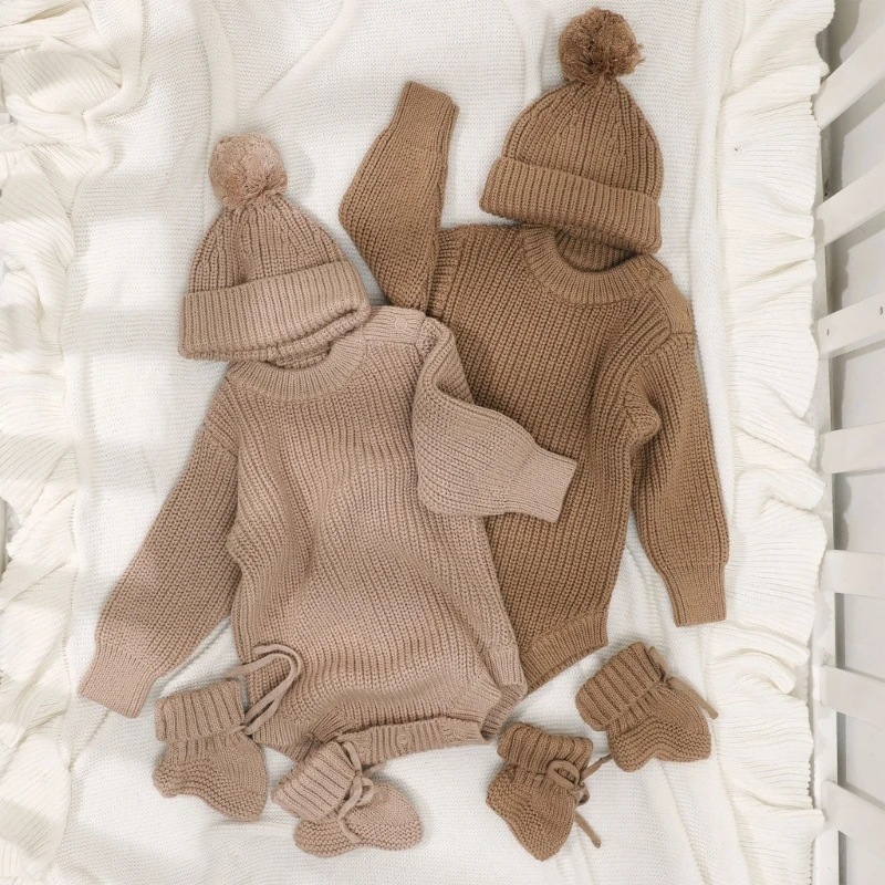 3PCS Newborns Knitted Romper Set with Matching Hat and Socks, Soft & Breathable Outfit Knitwear for 0 to 6 Months Baby