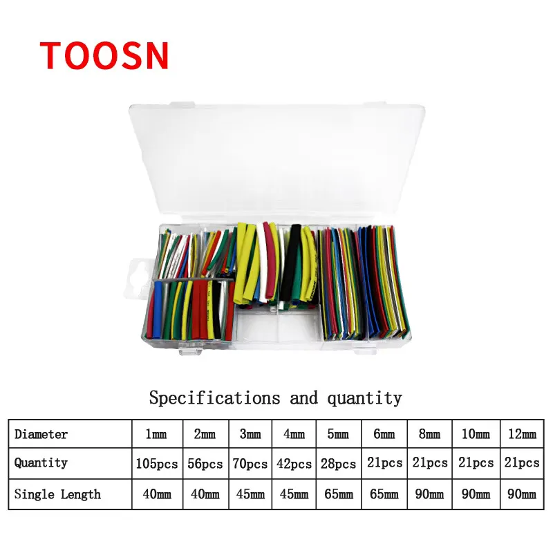 TOOSN 385Pcs Heat Shrinkable tube kit with box Insulation Shrinkable tube Assortment Polyolefin Ratio 2:1 Wrap Wire Cable Sleeve