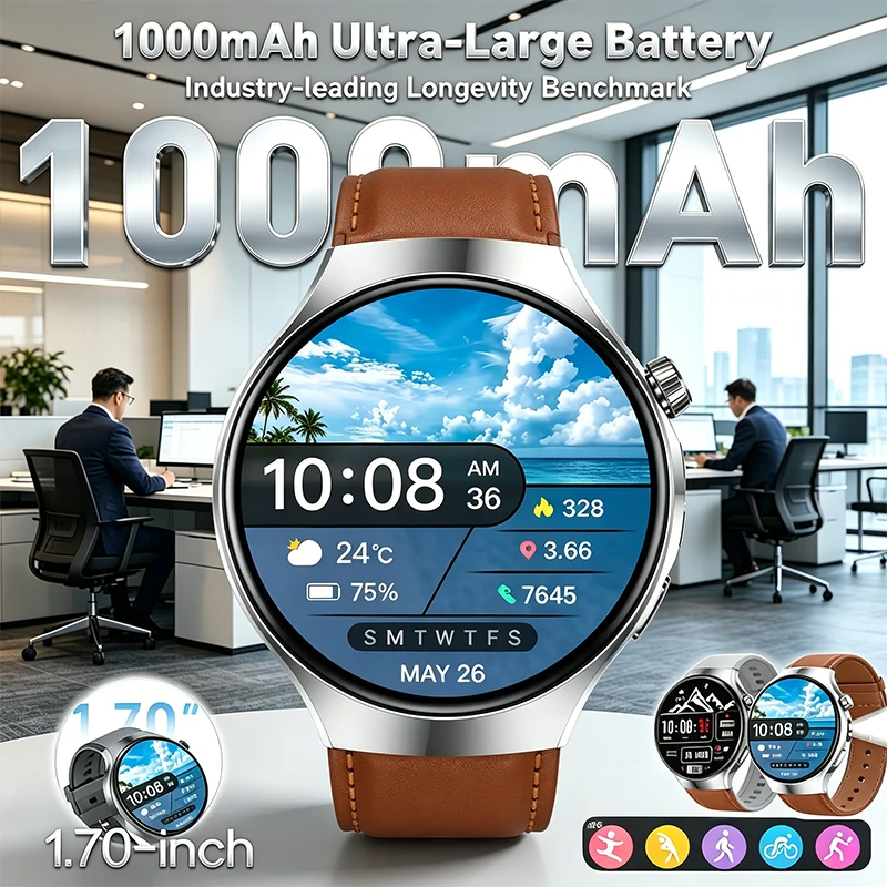 Bluetooth Smartwatch mit Informationspush, Drahtloser Anruffunktion, 1000mAh Großer Akku, 1,70 Zoll Bildschirm, Schlaf- und Herzfrequenzüberwachung